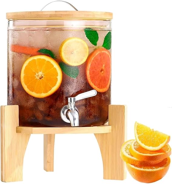 Glass Drink Dispenser 3L with Stainless Steel Tap & Wooden Stand – Elegant Iftar Beverage Server for Ramadan