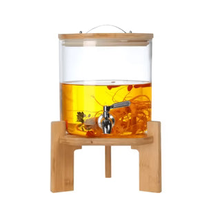 Glass Drink Dispenser 3L with Stainless Steel Tap & Wooden Stand – Elegant Iftar Beverage Server for Ramadan